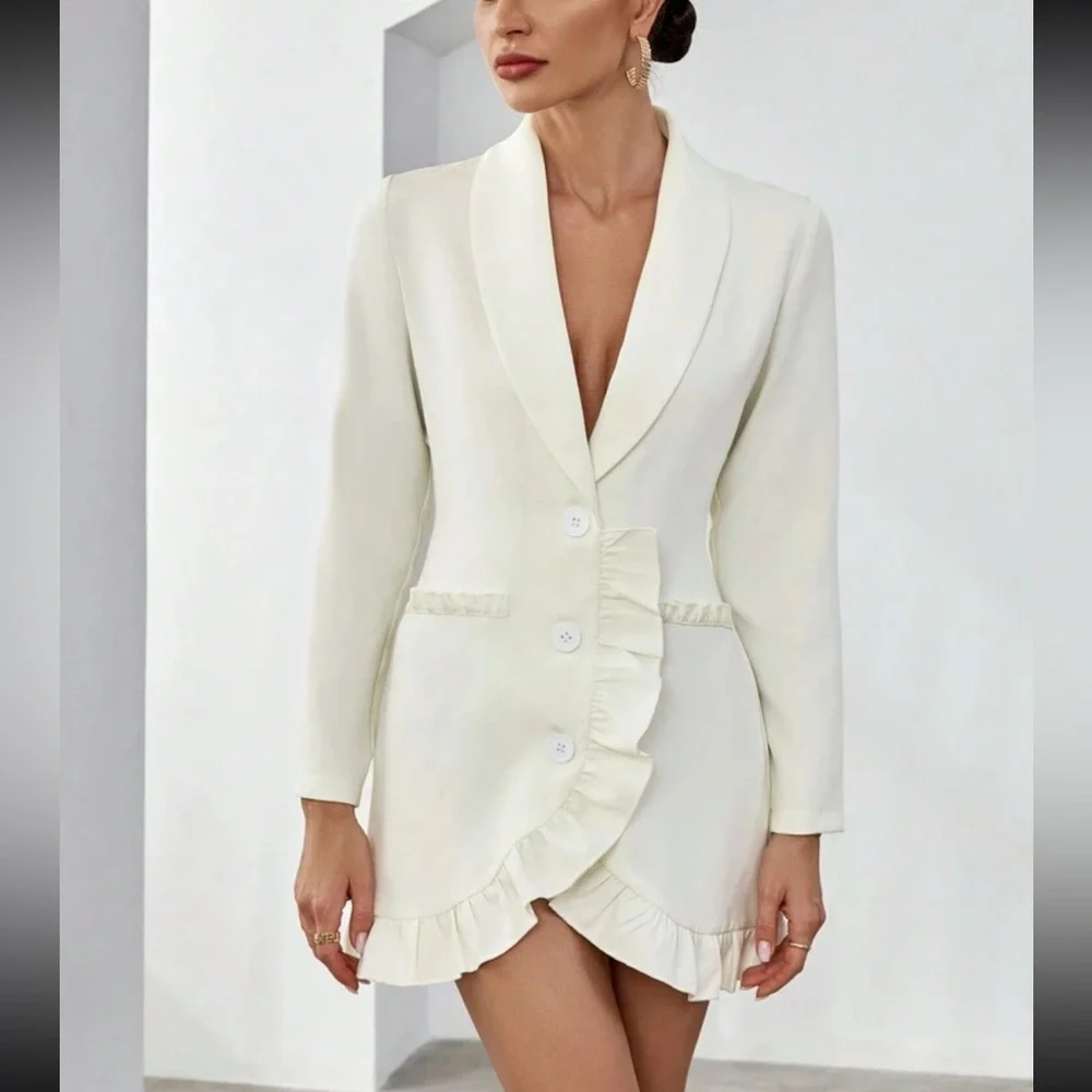 Off white v neck ruffle hem button front mini blazer dress - Picture 1 of 6